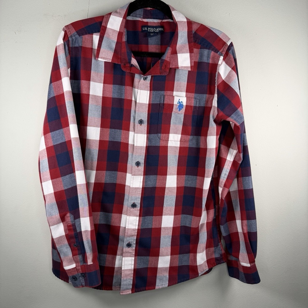 Us Polo Asso Shirt Boys Size 18 Red Blue Plaid Flannel Classic Fit Pocket Preppy